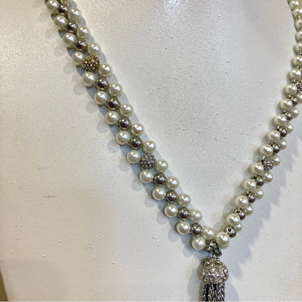 White House Black Market Silver Tone Faux Pearl Rhinestone Tassel Necklace - Picture 7 of 16